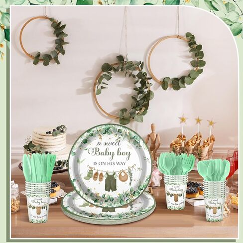 Dandat 350 Pcs Baby Shower Plates Set Baby Shower Party Supplies Serves 50 Tableware Sets Include Plates Napkin Cup Forks Knives Spoons Disposable Dinnerware for Boy Girl (Woodland) in Kuwait