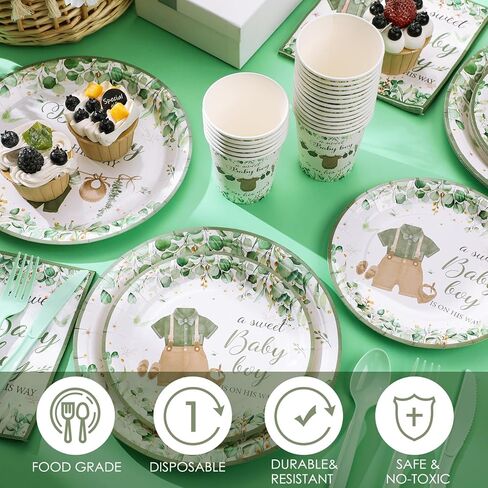 Dandat 350 Pcs Baby Shower Plates Set Baby Shower Party Supplies Serves 50 Tableware Sets Include Plates Napkin Cup Forks Knives Spoons Disposable Dinnerware for Boy Girl (Woodland) in Kuwait