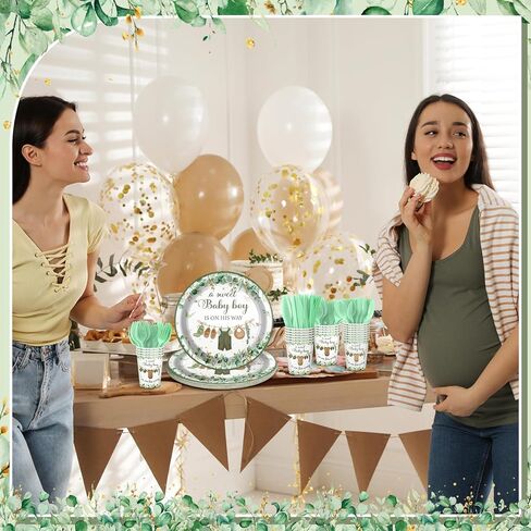 Dandat 350 Pcs Baby Shower Plates Set Baby Shower Party Supplies Serves 50 Tableware Sets Include Plates Napkin Cup Forks Knives Spoons Disposable Dinnerware for Boy Girl (Woodland) in Kuwait