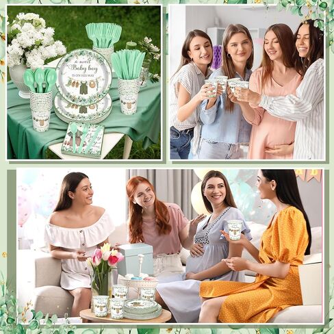 Dandat 350 Pcs Baby Shower Plates Set Baby Shower Party Supplies Serves 50 Tableware Sets Include Plates Napkin Cup Forks Knives Spoons Disposable Dinnerware for Boy Girl (Woodland) in Kuwait