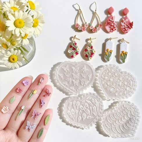 Set of 4 Silicone Clay Mold, Polymer Clay Silicone Molds, Flower Polymer Clay Mini Molds, 4pcs Earring Molds for Polymer Clay, Polymer Clay Molds for Jewelry, Perfect for Kids & Adults DIY Projects in Saudi Arabia
