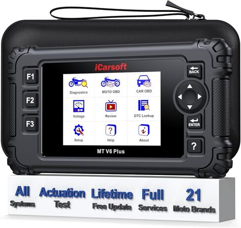 أداة تشخيص الدراجات النارية iCarsoft MT V6 Plus لدراجات Harley/BMW/Kawasaki/Indian وما إلى ذلك، 21 علامة تجارية، نظام إعادة ضبط كامل للدراجة النارية، اختبار التشغيل، قارئ رمز Moto + تشخيص Obd2 للسيارة 2 في 1 in Saudi Arabia