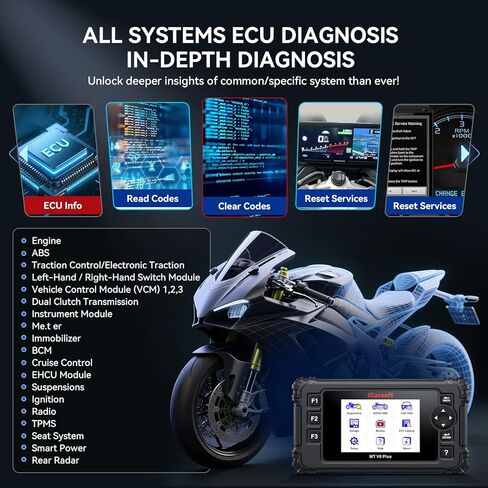أداة تشخيص الدراجات النارية iCarsoft MT V6 Plus لدراجات Harley/BMW/Kawasaki/Indian وما إلى ذلك، 21 علامة تجارية، نظام إعادة ضبط كامل للدراجة النارية، اختبار التشغيل، قارئ رمز Moto + تشخيص Obd2 للسيارة 2 في 1 in Saudi Arabia
