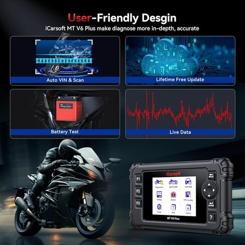 أداة تشخيص الدراجات النارية iCarsoft MT V6 Plus لدراجات Harley/BMW/Kawasaki/Indian وما إلى ذلك، 21 علامة تجارية، نظام إعادة ضبط كامل للدراجة النارية، اختبار التشغيل، قارئ رمز Moto + تشخيص Obd2 للسيارة 2 في 1 in Saudi Arabia