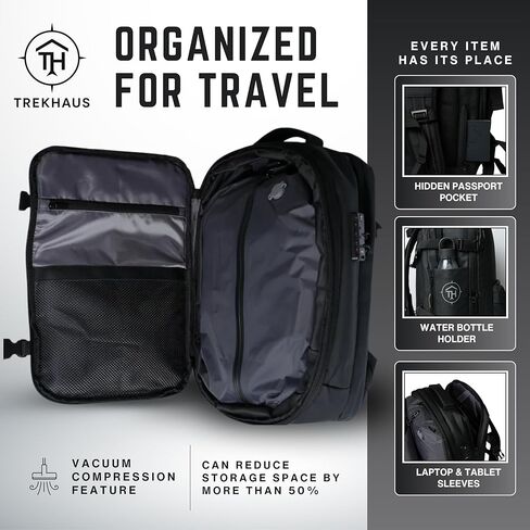 Vacuum Compression Travel Backpack Carry-On Flight Approved | 36–59L Expandable Personal-Item Size Bag with Built-in Vacuum Valve, TSA Lock, Laptop Sleeve, Waterproof Shell | Fits Under Airline Seats in Saudi Arabia