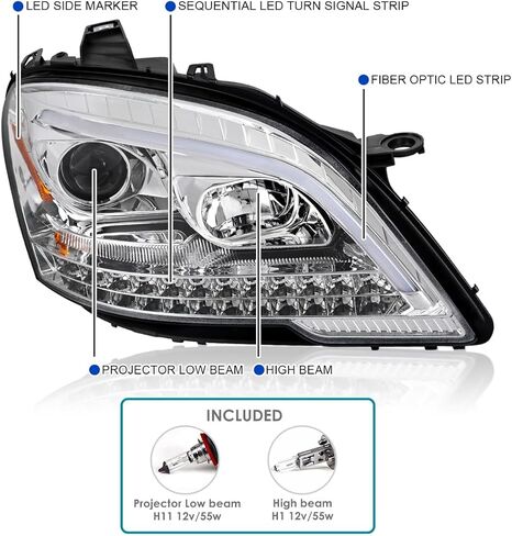 SPEC-D ضبط المصابيح الأمامية لجهاز العرض الكروم مع إشارات الانعطاف التسلسلية LED المتوافقة مع 2009-2011 مرسيدس بنز W164 ML320، مجموعة المصابيح الأمامية اليسرى + اليمنى in Saudi Arabia