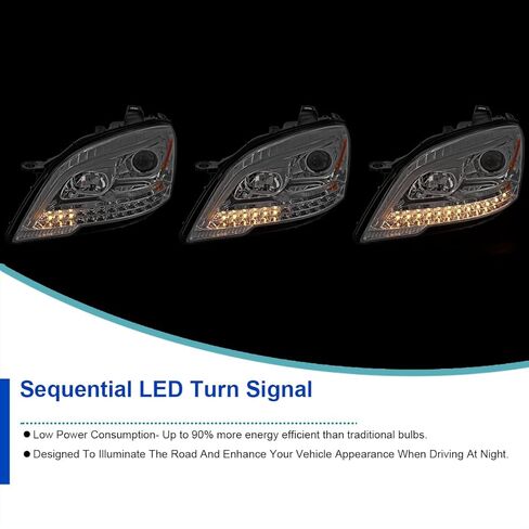 SPEC-D ضبط المصابيح الأمامية لجهاز العرض الكروم مع إشارات الانعطاف التسلسلية LED المتوافقة مع 2009-2011 مرسيدس بنز W164 ML320، مجموعة المصابيح الأمامية اليسرى + اليمنى in Saudi Arabia
