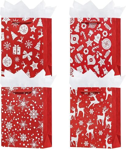 OFIHANLY 4 Pack 9" Small Size Christmas Gift Bags with Handles for Xmas Holiday Presents Cute Red Paper Wrapping Bag with Tissue Paper for Kids in Saudi Arabia