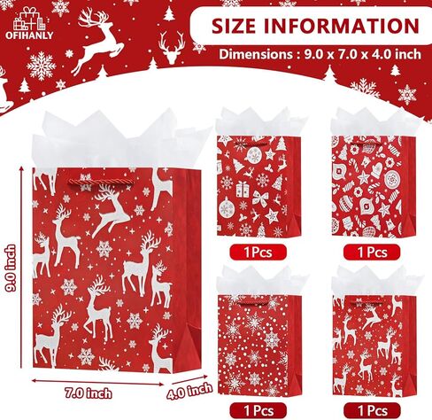 OFIHANLY 4 Pack 9" Small Size Christmas Gift Bags with Handles for Xmas Holiday Presents Cute Red Paper Wrapping Bag with Tissue Paper for Kids in Saudi Arabia