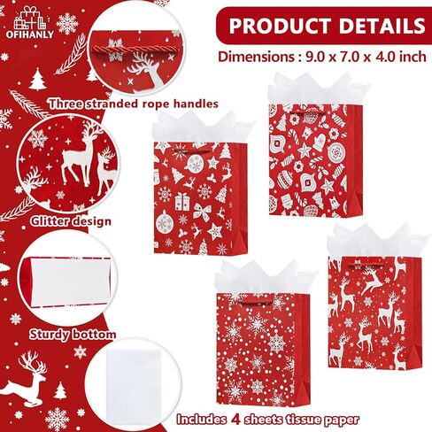 OFIHANLY 4 Pack 9" Small Size Christmas Gift Bags with Handles for Xmas Holiday Presents Cute Red Paper Wrapping Bag with Tissue Paper for Kids in Saudi Arabia