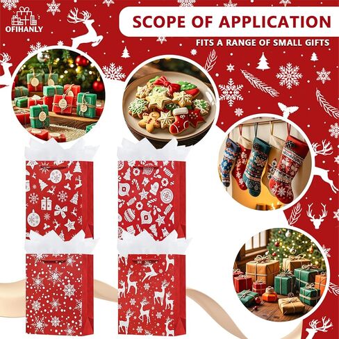 OFIHANLY 4 Pack 9" Small Size Christmas Gift Bags with Handles for Xmas Holiday Presents Cute Red Paper Wrapping Bag with Tissue Paper for Kids in Saudi Arabia