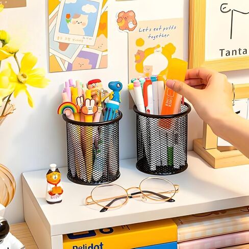 Mesh Pen Holder for Desk, Metal Wire Round Shape Pencil Cup Holder for Office Home School, Desktop Organizer and Accessories, Black in Saudi Arabia