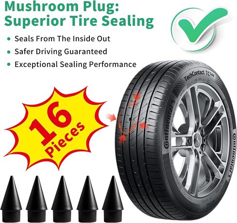 طقم إصلاح الإطارات مع المقابس - طقم سدادات إطارات الفطر ومجموعة تصحيح الإطارات، طقم إصلاح ثقب مسدس الإطارات بدون أنابيب لثقوب الإطارات في السيارات والدراجات النارية والشاحنات والجرارات، 16 سدادة فطر in Kuwait