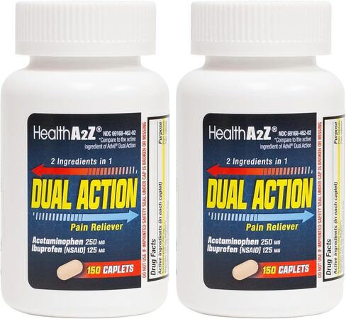 HealthA2Z® Dual Action Pain Relief | 80 Caplets | Acetaminophen 250mg & Ibuprofen (NSAID) 125mg | Contains Two Medicines | Relief from Headache, Fever & Backache in Kuwait