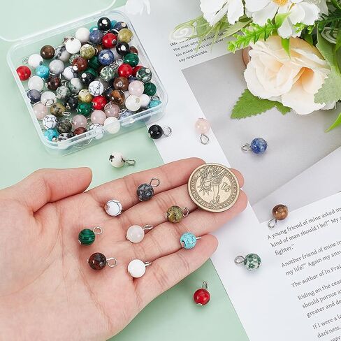 PH PandaHall 90pcs 15 Styles Round Gemstone Pendants 6mm Natural Stone Charms Stone Pendants Round Loose Beads with Silver Loop Quartz Stone Charms for Necklace Bracelet Earring DIY Crafts in Saudi Arabia