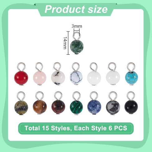 PH PandaHall 90pcs 15 Styles Round Gemstone Pendants 6mm Natural Stone Charms Stone Pendants Round Loose Beads with Silver Loop Quartz Stone Charms for Necklace Bracelet Earring DIY Crafts in Saudi Arabia