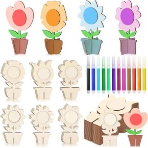 MotiMind 48 Pcs Wood Flower for Crafts 3D Spring Wooden Flower Cutouts with 12 Colored Pens Unfinished Wooden Tulip Signs Wooden Tulip to Paint Mother's Day Table Centerpiece Spring Tiered Tray Decor in Kuwait