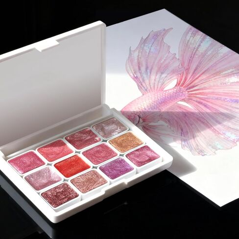 مجموعة ألوان مائية معدنية صغيرة مكونة من 12 لونًا ورديًا من AUK للفنانين البالغين، ألوان مائية صلبة لامعة 1 مل مجموعة ألوان مائية لامعة متلألئة بيرليسسينت هدايا عيد الميلاد in Kuwait