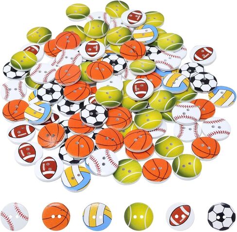 100PCS Cute Sports Theme Wooden Buttons Round Sports Ball Shape Sewing Buttons for Jacket Sweater Clothing Gloves Hat Scrapbooking Crafts Decoration, 6 Style Mixed in Saudi Arabia