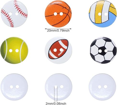 100PCS Cute Sports Theme Wooden Buttons Round Sports Ball Shape Sewing Buttons for Jacket Sweater Clothing Gloves Hat Scrapbooking Crafts Decoration, 6 Style Mixed in Saudi Arabia