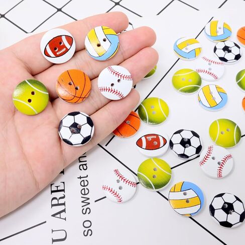 100PCS Cute Sports Theme Wooden Buttons Round Sports Ball Shape Sewing Buttons for Jacket Sweater Clothing Gloves Hat Scrapbooking Crafts Decoration, 6 Style Mixed in Saudi Arabia
