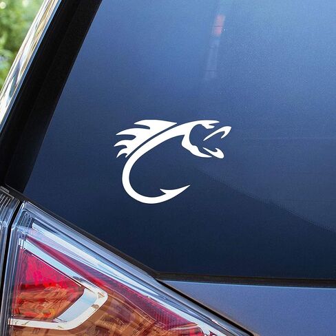 KamiDesigns Fish Hook Decal - White, Vinyl, Minimalist, Rectangular, Outdoor, 5x5 Inches - Car, Truck, Bumper, Window Pack of 1 in Kuwait