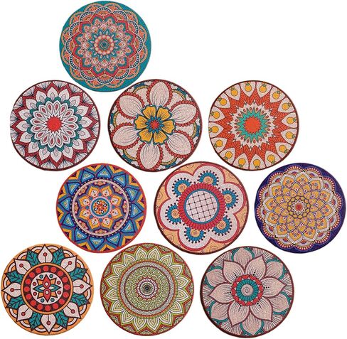 Drinks Coasters,Vintage Ethnic Floral Fabric Coasters Bar Coasters Cup Coasters for Friends,Housewarming,Party,Living Room Decor, 10pcs/Set, 5.12"/13cm (Mixed Colors) in Kuwait