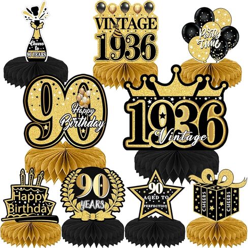 90th Birthday Decorations - 9PCS 90th Birthday Party Decorations for Men Women Black Gold 90th Birthday Party Decor Happy 90 Years Old Party Vintage Honeycomb Centerpiece Table Decoration in Kuwait