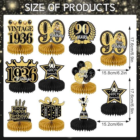 90th Birthday Decorations - 9PCS 90th Birthday Party Decorations for Men Women Black Gold 90th Birthday Party Decor Happy 90 Years Old Party Vintage Honeycomb Centerpiece Table Decoration in Kuwait