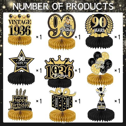 90th Birthday Decorations - 9PCS 90th Birthday Party Decorations for Men Women Black Gold 90th Birthday Party Decor Happy 90 Years Old Party Vintage Honeycomb Centerpiece Table Decoration in Kuwait