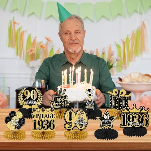 90th Birthday Decorations - 9PCS 90th Birthday Party Decorations for Men Women Black Gold 90th Birthday Party Decor Happy 90 Years Old Party Vintage Honeycomb Centerpiece Table Decoration in Kuwait