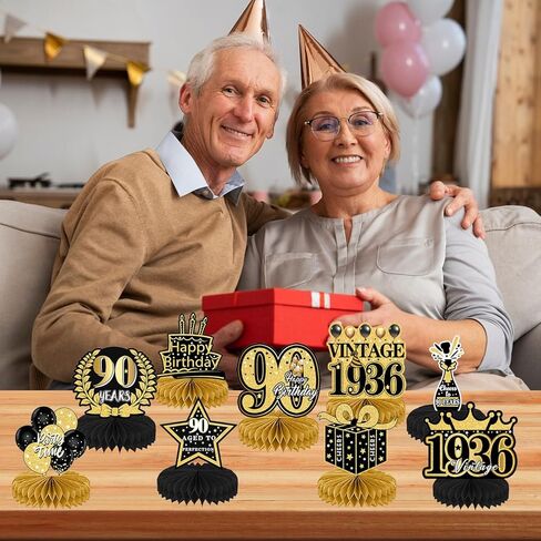 90th Birthday Decorations - 9PCS 90th Birthday Party Decorations for Men Women Black Gold 90th Birthday Party Decor Happy 90 Years Old Party Vintage Honeycomb Centerpiece Table Decoration in Kuwait