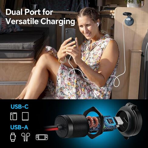 12V USB Outlet Wall Mount Aluminum PD3.0 and QC 3.0 Waterproof Dual Port DC 12~24V Socket USB C Cigarette Lighter Replacement for Boat RV Camper Trailer Truck Golf 2Pcs in Saudi Arabia