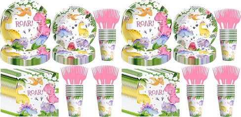 Dinosaur Party Decorations Tableware For Girl - Pink Dino Dinosaur Birthday Party Supplies, Paper Plate, Cup, Napkin, Disposable Fork, Watercolor Dinosaur Baby Shower Decorations | 24 Guests in Kuwait