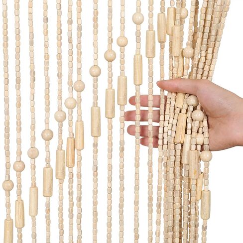 52 Strands Wood and Bamboo Beaded Curtain for Doorway 35" x 75" Wooden Hanging Room Divider Decorative Handmade Doorway Bohemian Beads String Curtain Rustic Home Porch Bedroom Decor (Beige) in Saudi Arabia