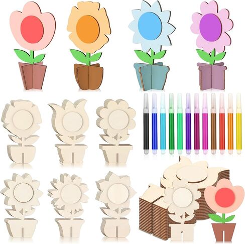 MotiMind 48 Pcs Wood Flower for Crafts 3D Spring Wooden Flower Cutouts with 12 Colored Pens Unfinished Wooden Tulip Signs Wooden Tulip to Paint Mother's Day Table Centerpiece Spring Tiered Tray Decor in Kuwait