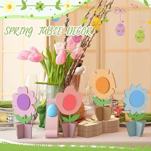 MotiMind 48 Pcs Wood Flower for Crafts 3D Spring Wooden Flower Cutouts with 12 Colored Pens Unfinished Wooden Tulip Signs Wooden Tulip to Paint Mother's Day Table Centerpiece Spring Tiered Tray Decor in Kuwait