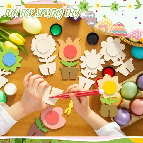 MotiMind 48 Pcs Wood Flower for Crafts 3D Spring Wooden Flower Cutouts with 12 Colored Pens Unfinished Wooden Tulip Signs Wooden Tulip to Paint Mother's Day Table Centerpiece Spring Tiered Tray Decor in Kuwait