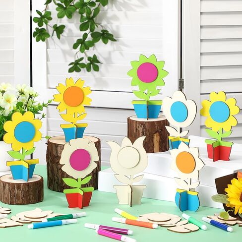 MotiMind 48 Pcs Wood Flower for Crafts 3D Spring Wooden Flower Cutouts with 12 Colored Pens Unfinished Wooden Tulip Signs Wooden Tulip to Paint Mother's Day Table Centerpiece Spring Tiered Tray Decor in Kuwait