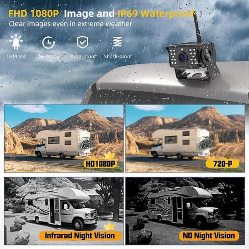 كاميرا احتياطية لاسلكية خالية من التثبيت لـ RV: شاشة DVR مقاس 7 بوصة، 1 دقيقة سهلة التركيب تعمل بالطاقة الشمسية المغناطيسية المقاومة للماء وكاميرا الرؤية الخلفية القابلة لإعادة الشحن HD 1080P رؤية ليلية لشاحنات RVs والمعسكرات in Kuwait
