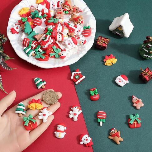 SUNNYCLUE 72Pcs 12 Styles Resin Christmas Charm Holiday Cabochons Bulk Assorted Flatback Winter Xmas Tree Socking Bell Deer Candy Cabochon for DIY Crafting Jewelry Making Embellishments Accessories in Saudi Arabia