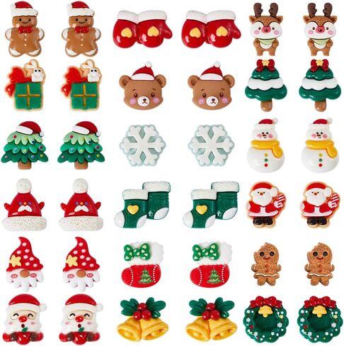 SUNNYCLUE 72Pcs 12 Styles Resin Christmas Charm Holiday Cabochons Bulk Assorted Flatback Winter Xmas Tree Socking Bell Deer Candy Cabochon for DIY Crafting Jewelry Making Embellishments Accessories in Saudi Arabia