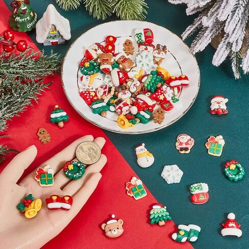 SUNNYCLUE 72Pcs 12 Styles Resin Christmas Charm Holiday Cabochons Bulk Assorted Flatback Winter Xmas Tree Socking Bell Deer Candy Cabochon for DIY Crafting Jewelry Making Embellishments Accessories in Saudi Arabia