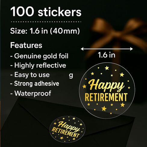 100 x Happy Retirement Party Favor Stickers, Transparent Gold Foil Retire Thank You Labels for Gifts or Envelope Seals, Happy Retirement Treat Bag Stickers, 1.6" in Saudi Arabia