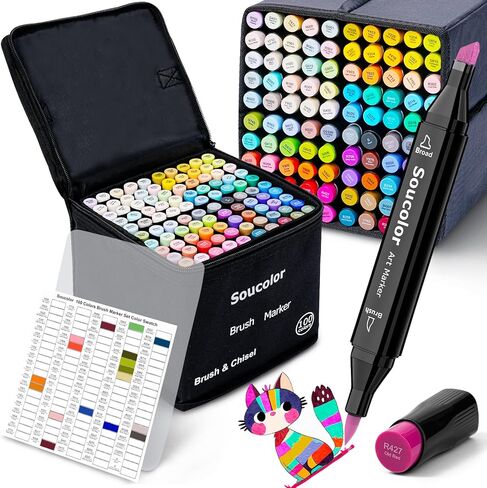 Soucolor Alcohol Markers Set, 101 Dual Tip Permanent Artist Coloring Markers for Adult Coloring Books, Sketching and Illustrations, Card Making Art Supplies Drawing Set with Case for Easy Storage in Kuwait