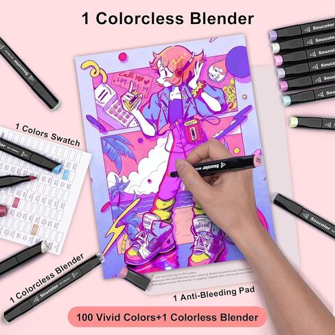 Soucolor Alcohol Markers Set, 101 Dual Tip Permanent Artist Coloring Markers for Adult Coloring Books, Sketching and Illustrations, Card Making Art Supplies Drawing Set with Case for Easy Storage in Kuwait