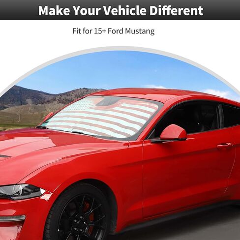 مظلة للزجاج الأمامي من CheroCar لسيارة Ford Mustang 2015-2025+، مظلة شمسية للنافذة الأمامية قابلة للطي وواقي من الشمس ملحقات داخلية رقائق الألومنيوم العلم الأمريكي in Saudi Arabia