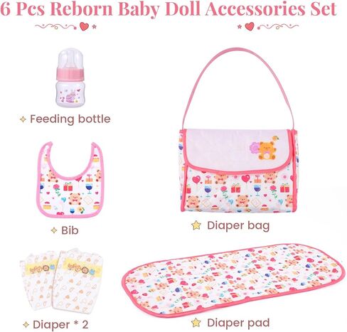 BABESIDE 6 Pcs Reborn Baby Doll Accessories Set for 17-22 Inch Dolls, Feeding & Diaper Bag Play Set with Bib, Bottle, Diapers & Changing Pad, Pretend Baby Care Toy Gift for Girls (Doll Not Included) in Saudi Arabia