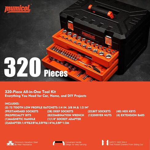 320-Piece Mechanic Tool Set, 1/4" 3/8" 1/2" Drive SAE & Metric Socket Set with 72-Tooth Ratchet, CR-V Steel – Complete Tool Kit for Car Maintenance, Home DIY, and Mechanics in Kuwait