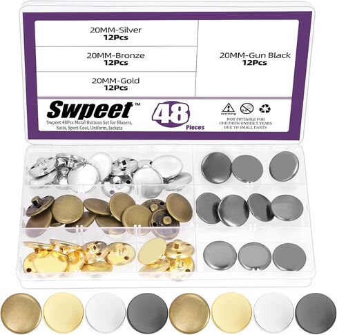 Swpeet 48 قطعة 4 ألوان 12.5 مم مجموعة متنوعة من الأزرار المعدنية العتيقة، أزرار خياطة معدنية مستديرة، أزرار سترة نحاسية عتيقة لتزيين الملابس وإكسسوارات DIY in Kuwait